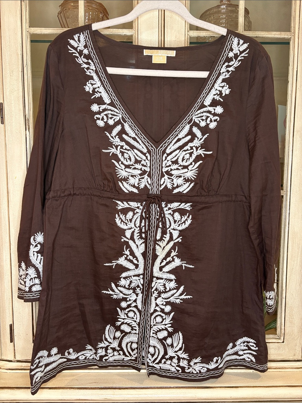 NWOT Michael Kors Brown Tunic Swim Coverup with White Embroidery